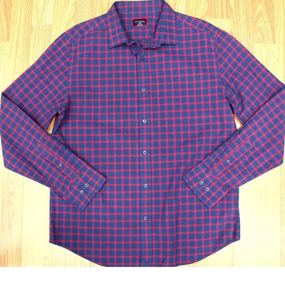 UNTUCKit SLIM FIT 100% COTTON SHIRT DARK BLUE & RED Sz LARGE, L